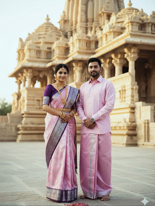 Couple Combo - Korvai Semi Silk Saree with Semi Silk Dhoti Shirt