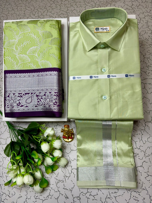 Couple Combo - Korvai Semi Silk Saree with Semi Silk Dhoti Shirt