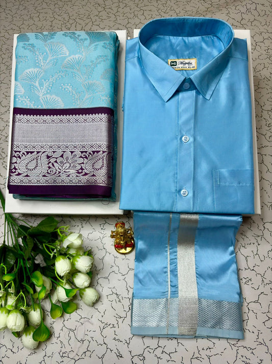 Couple Combo - Korvai Semi Silk Saree with Semi Silk Dhoti Shirt