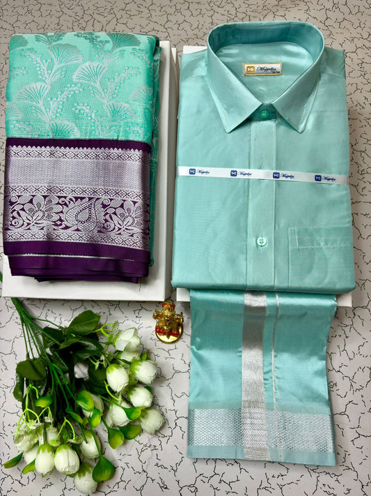 Couple Combo - Korvai Semi Silk Saree with Semi Silk Dhoti Shirt