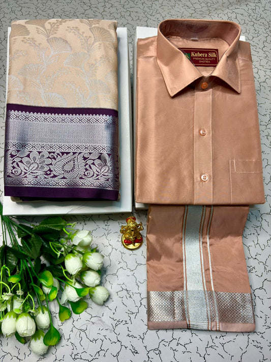 Couple Combo - Korvai Semi Silk Saree with Semi Silk Dhoti Shirt