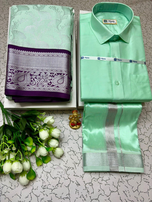 Couple Combo - Korvai Semi Silk Saree with Semi Silk Dhoti Shirt