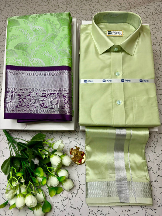 Couple Combo - Korvai Semi Silk Saree with Semi Silk Dhoti Shirt