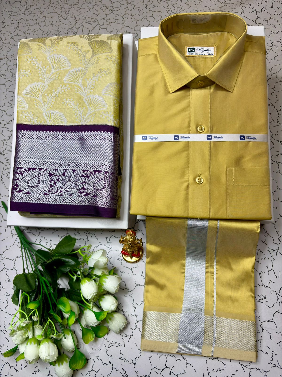 Couple Combo - Korvai Semi Silk Saree with Semi Silk Dhoti Shirt