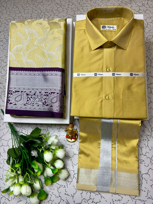 Couple Combo - Korvai Semi Silk Saree with Semi Silk Dhoti Shirt