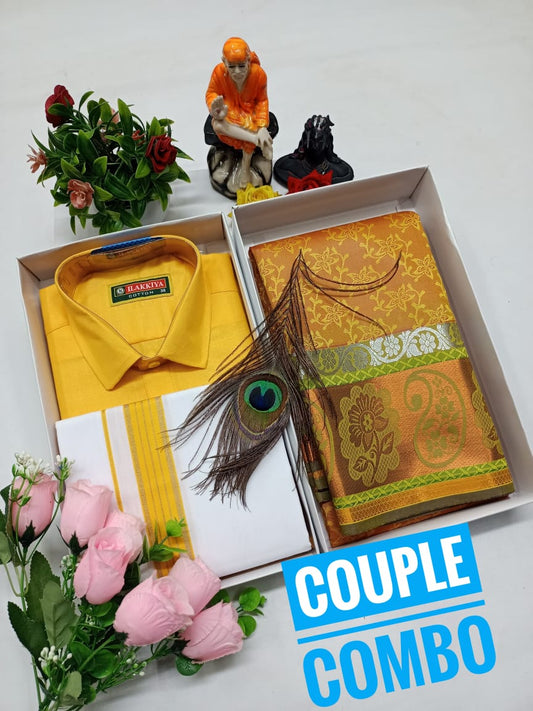 Light Function Wear – Couple Combo with Embossed Saree - CoupleWeaves