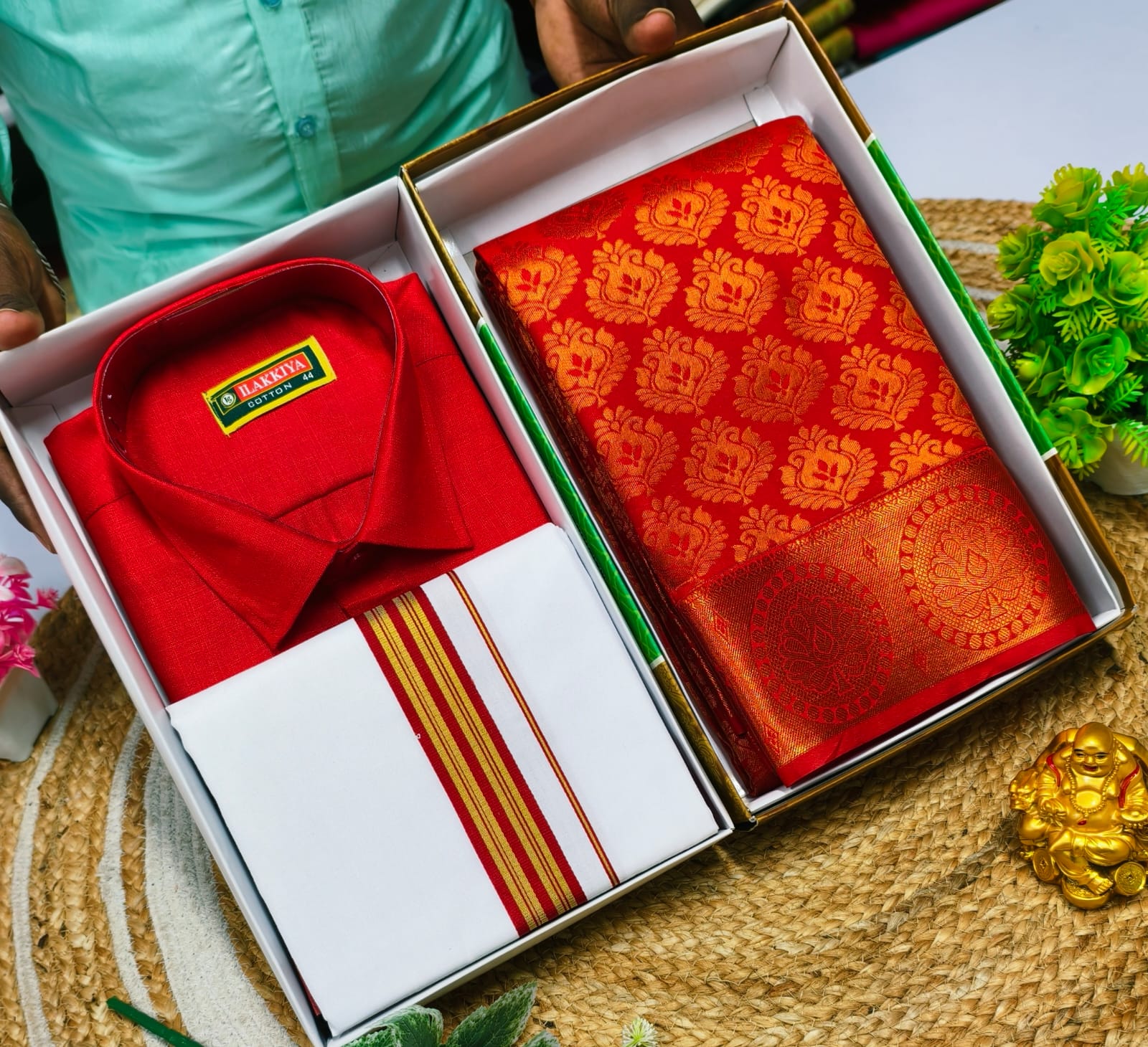 Light Saree and Cotton Blend Shirt Couple Combo - CoupleWeaves