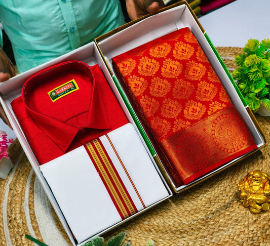 Light Saree and Cotton Blend Shirt Couple Combo - CoupleWeaves