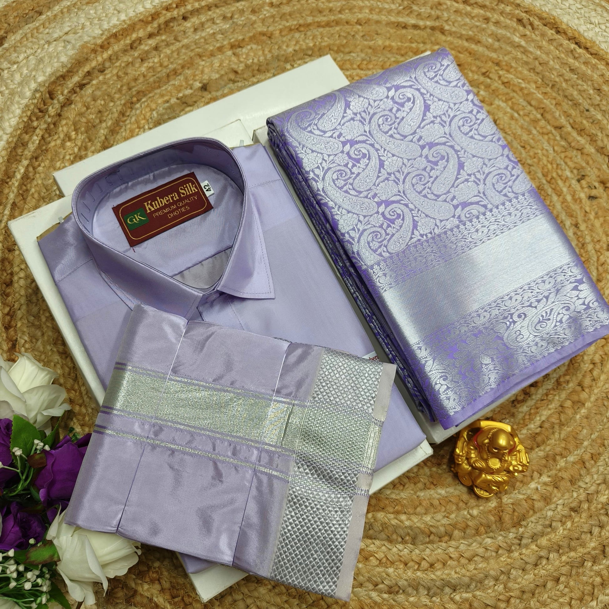 Matching Bridal Saree & Vesti Shirt Set - CoupleWeaves