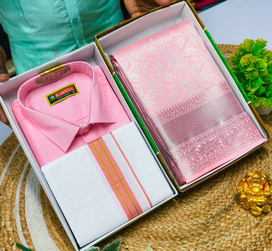 Mix Match Couple Set – Zari Saree & Dhoti Shirt - CoupleWeaves
