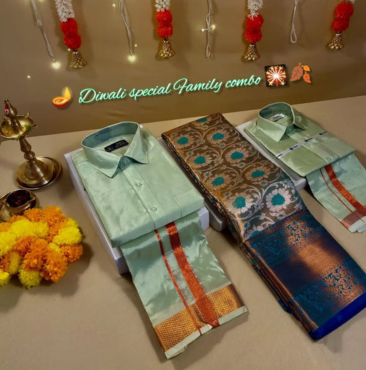 Premium Family Combo – Tissue Saree, Men's and Little Boy Shirt Dhoti