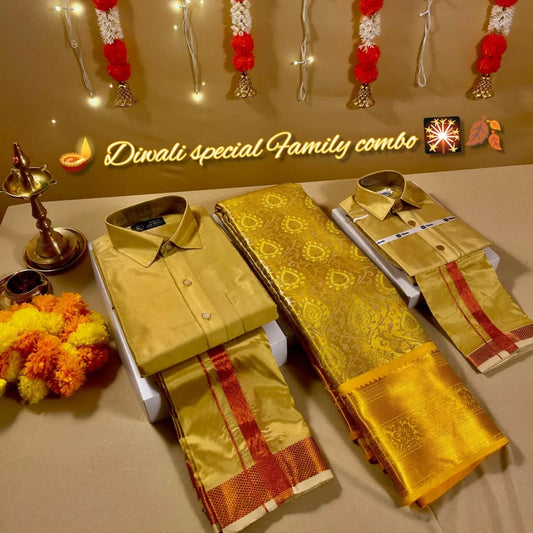 Semi Tissue Silk Saree with Men’s Shirt Dhoti & Kids Dhoti Shirt Set