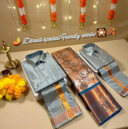 Family Combo – Semi Tissue Silk Saree, Men’s Dhoti Shirt & Kids Traditional Outfit