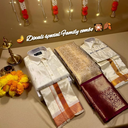 Semi Tissue Silk Saree with Men’s and Little Boy Dhoti Shirt