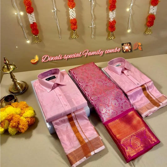 Semi Tissue Silk Saree with Father and Son Matching Shirt Dhoti
