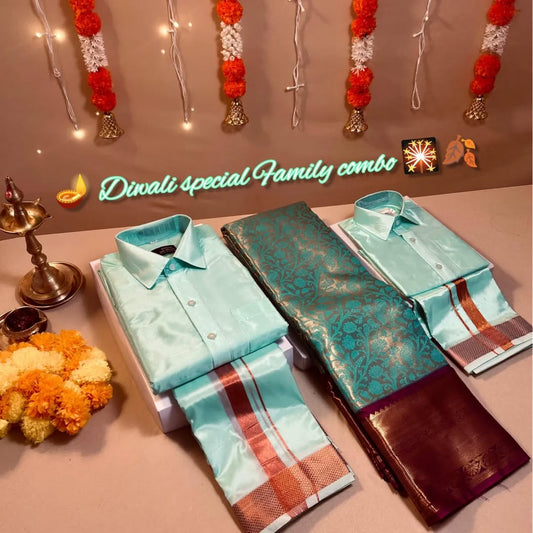Semi Tissue Silk Saree, Father and Son Matching Festive Wear Dhoti Set