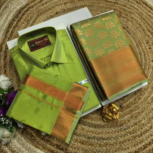 Rich Zari Saree with Men’s Shirt Dhoti - CoupleWeaves