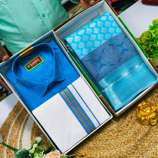 Saree and Cotton Blend Shirt Dhoti Couplewear - CoupleWeaves
