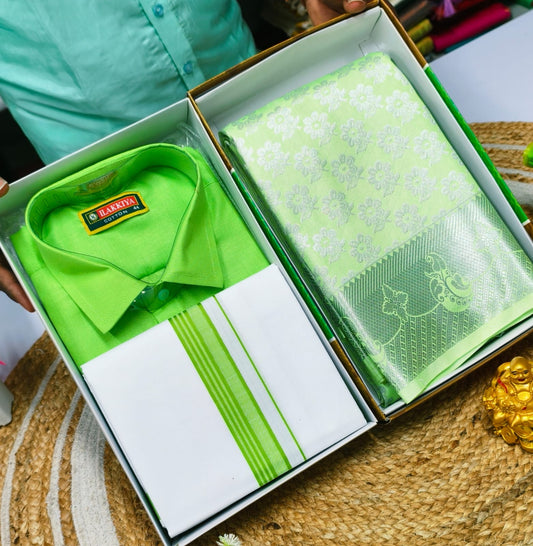 Saree and Light Dhoti Shirt Couple Combo - CoupleWeaves