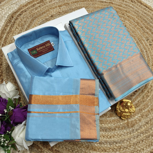 Saree with Men’s Silk Shirt and Dhoti Set - CoupleWeaves