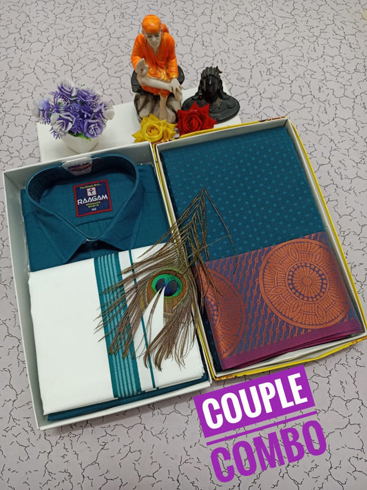 Semi Silk Couple Combo – Embossed Saree & Cotton Blend - CoupleWeaves