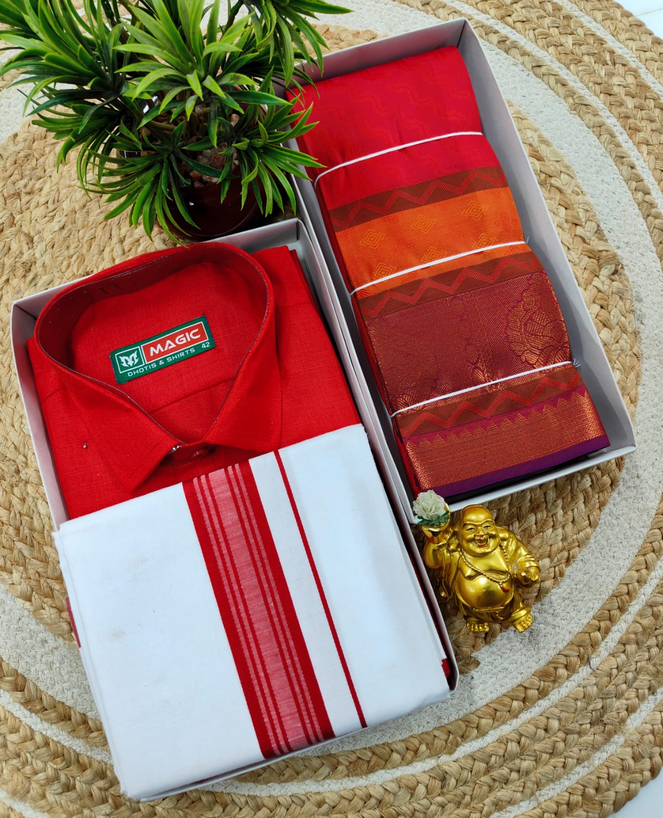 Semi Silk Embossed Saree and Cotton Dhoti Shirt for Couples
