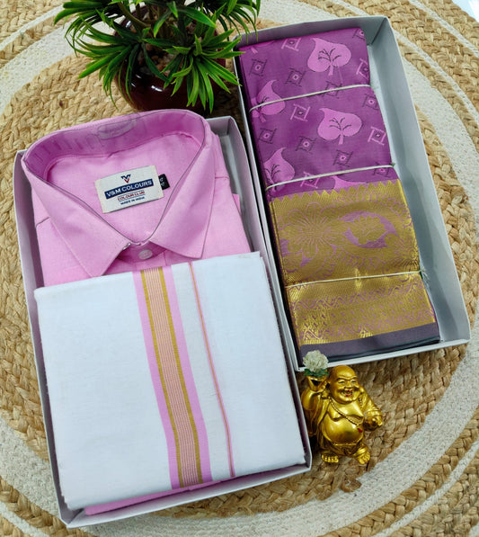 Semi Silk Embossed Saree and Cotton Dhoti Shirt for Couples