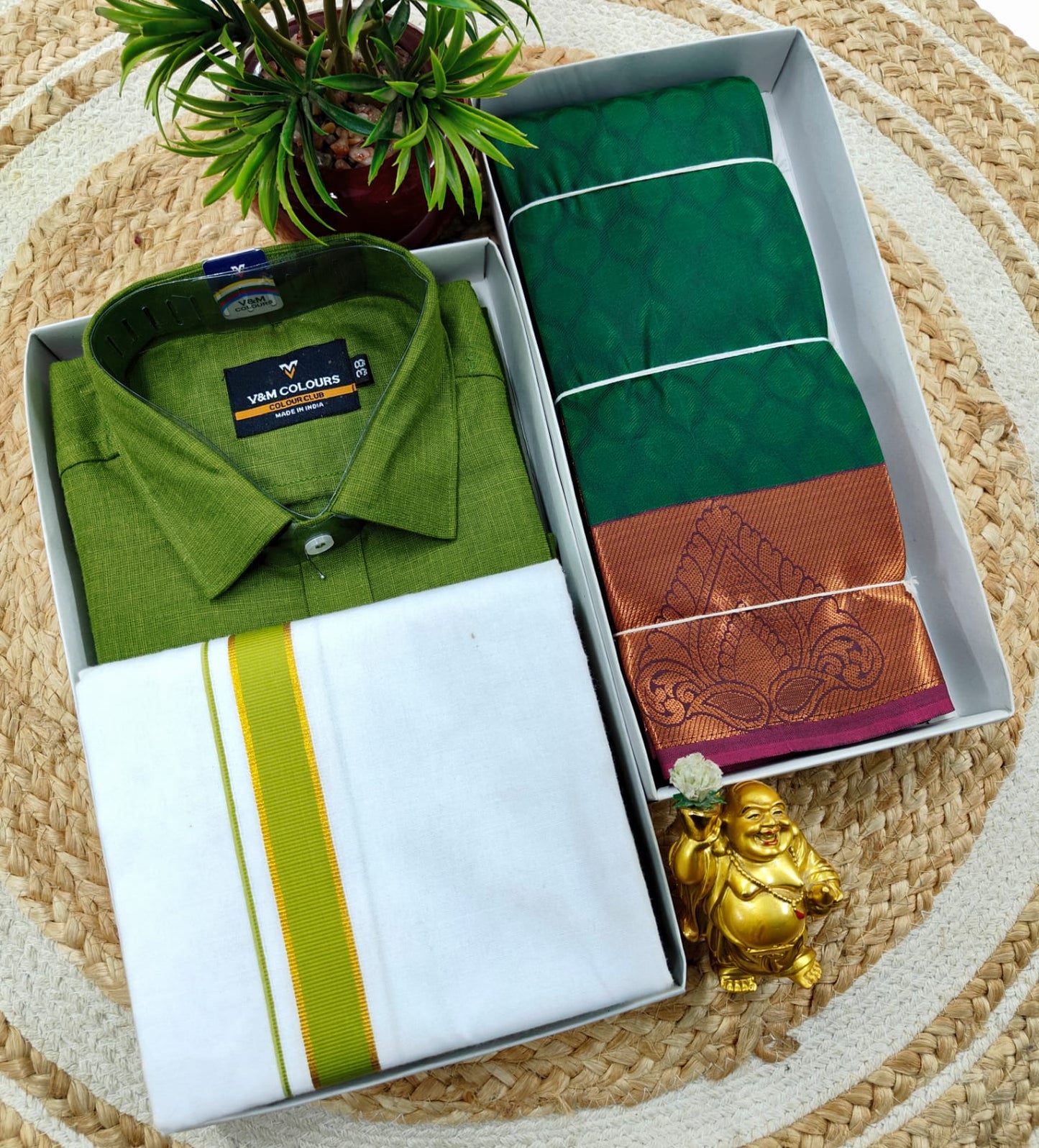 Semi Silk Embossed Saree and Cotton Dhoti Shirt for Couples