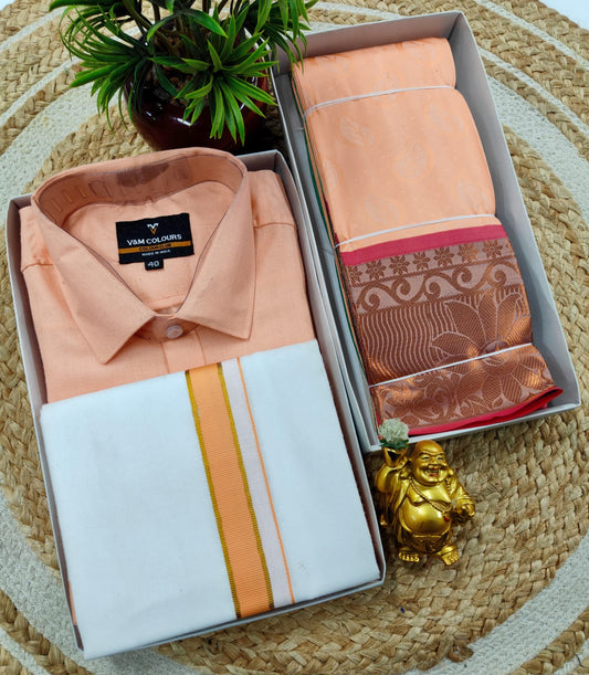 Semi Silk Embossed Saree and Cotton Dhoti Shirt for Couples