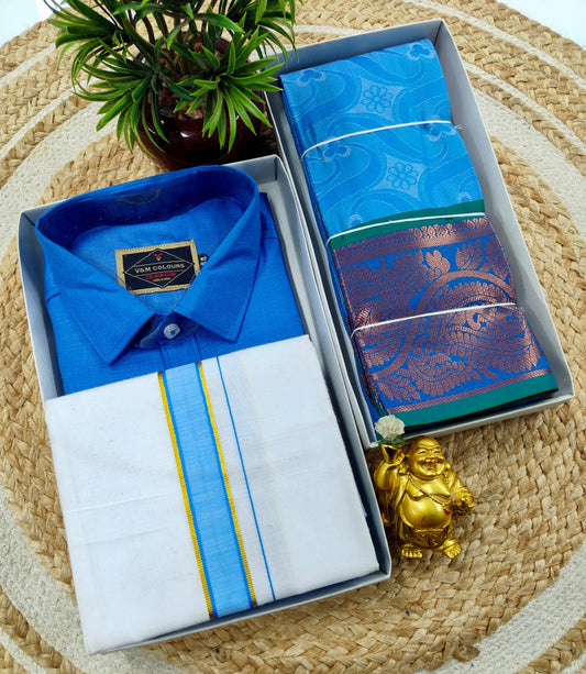 Semi Silk Embossed Saree and Cotton Dhoti Shirt for Couples