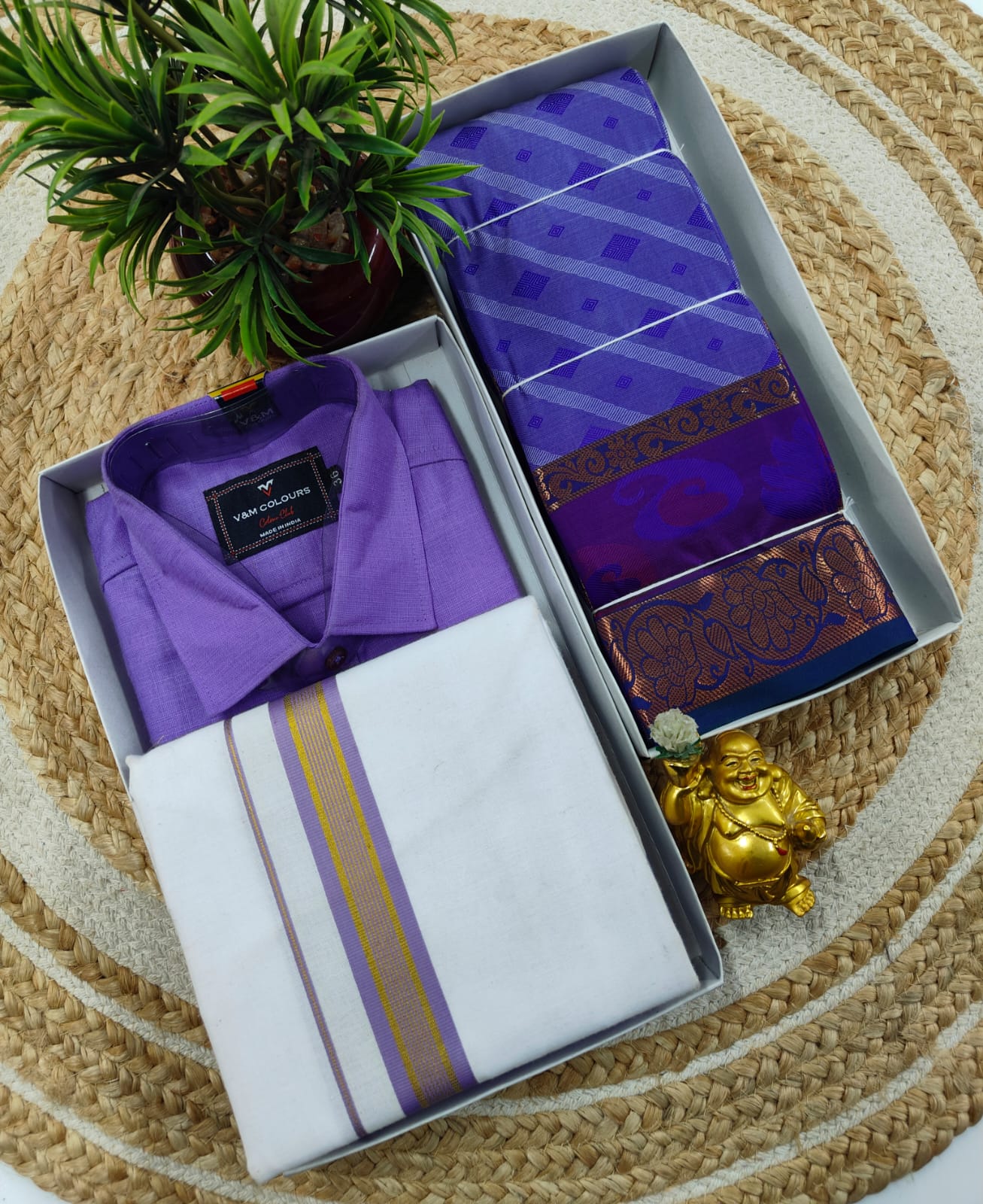 Semi Silk Embossed Saree and Cotton Dhoti Shirt for Couples