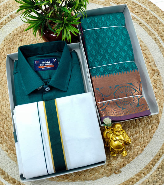 Semi Silk Embossed Saree and Cotton Dhoti Shirt for Couples