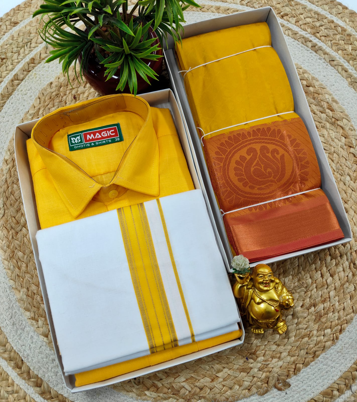 Semi Silk Embossed Saree and Cotton Dhoti Shirt for Couples