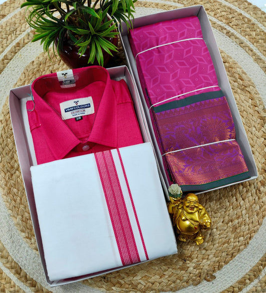 Semi Silk Embossed Saree and Cotton Dhoti Shirt for Couples