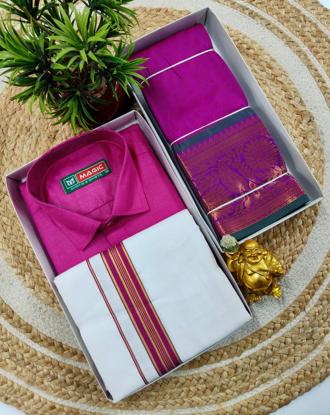 Semi Silk Embossed Saree and Cotton Dhoti Shirt for Couples