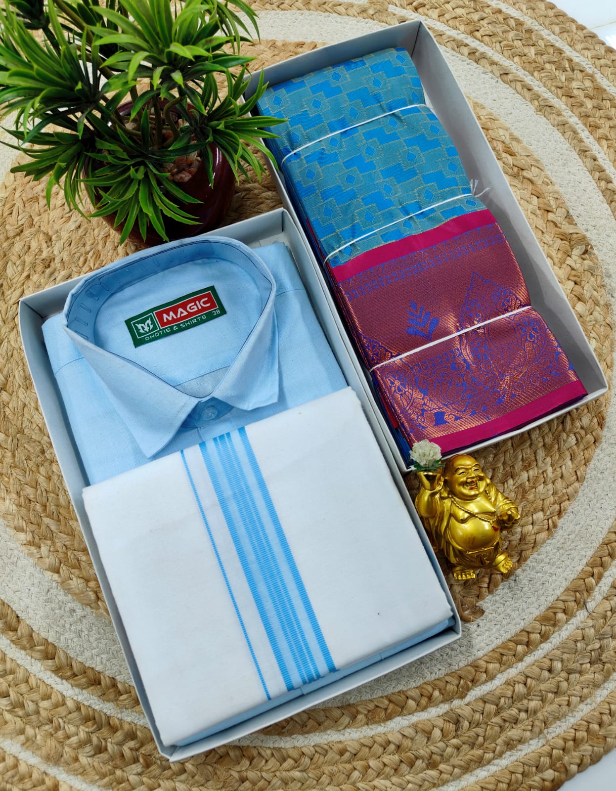 Semi Silk Embossed Saree and Cotton Dhoti Shirt for Couples