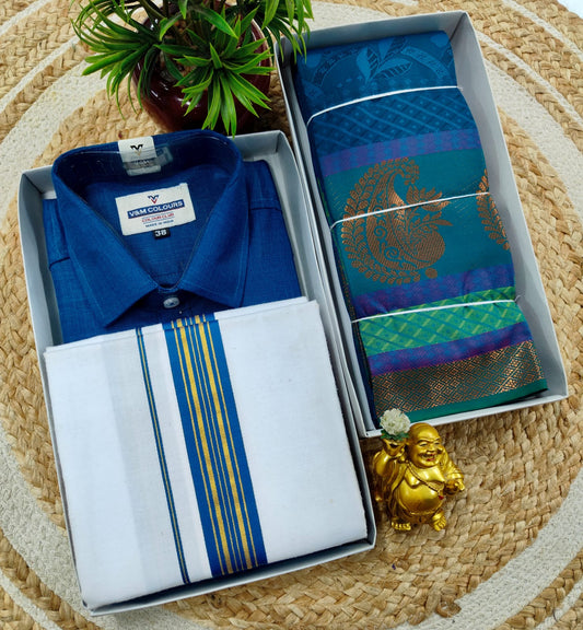 Semi Silk Embossed Saree and Cotton Dhoti Shirt for Couples