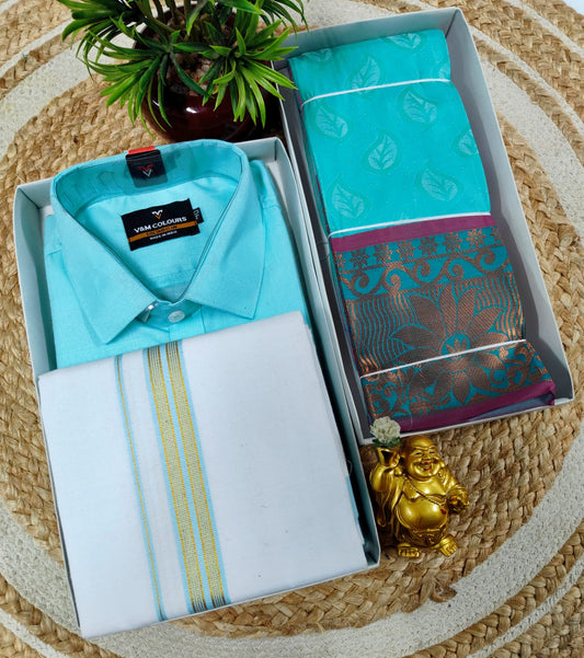 Semi Silk Embossed Saree and Cotton Dhoti Shirt for Couples