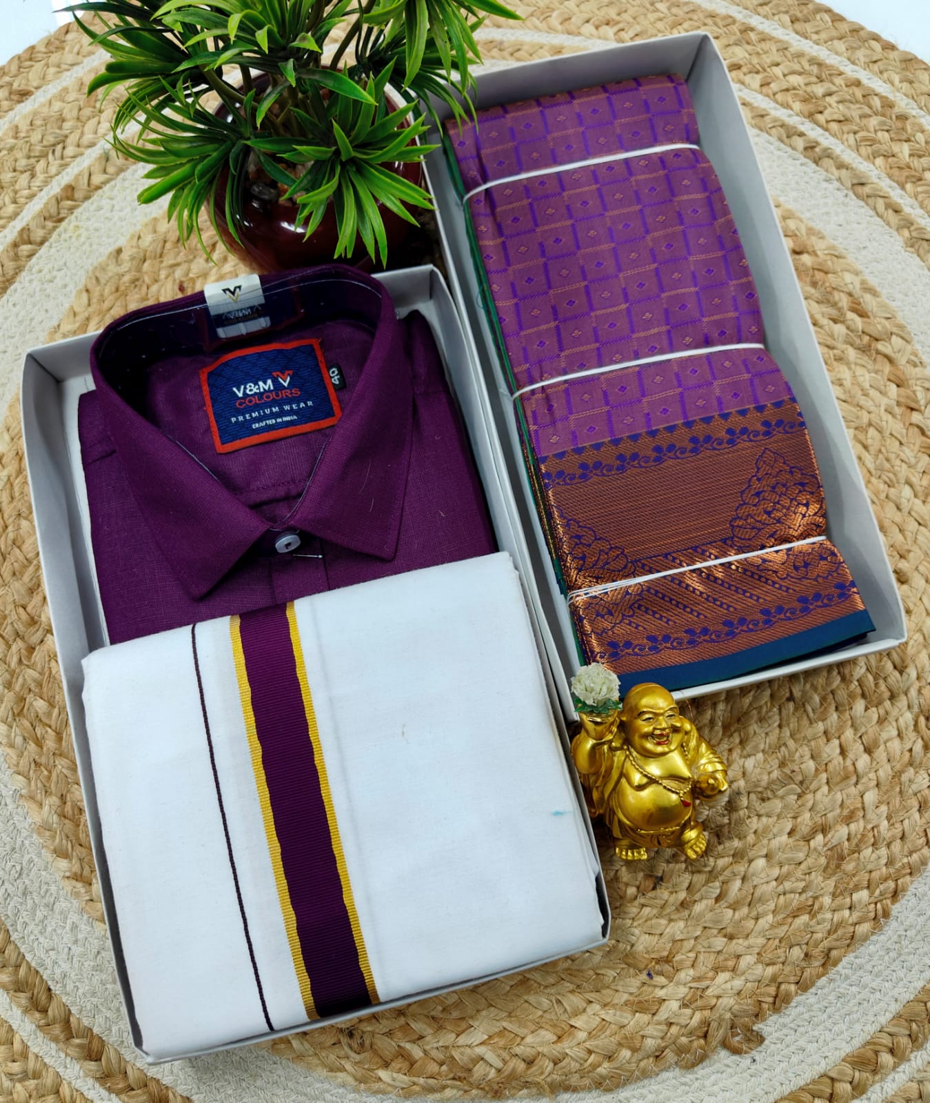 Semi Silk Embossed Saree and Cotton Dhoti Shirt for Couples