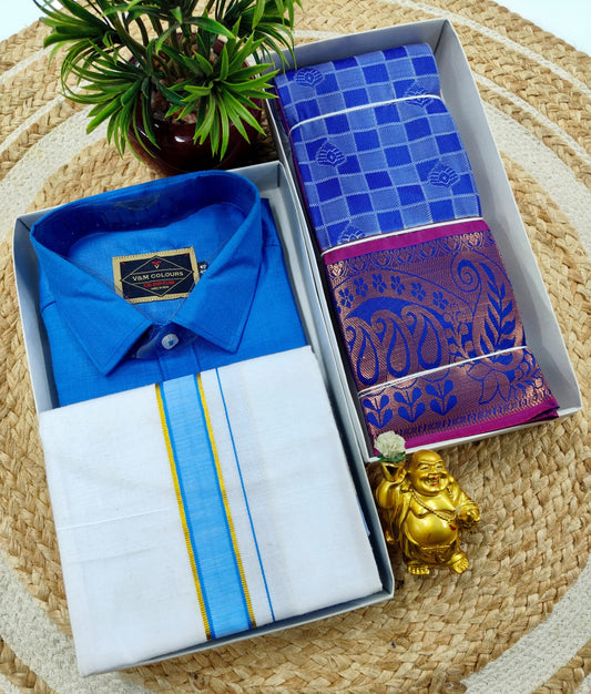 Semi Silk Embossed Saree and Cotton Dhoti Shirt for Couples
