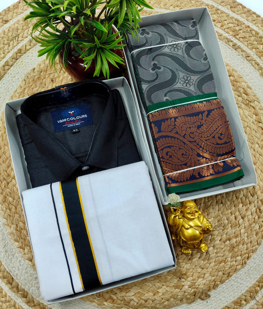 Semi Silk Embossed Saree and Cotton Dhoti Shirt for Couples