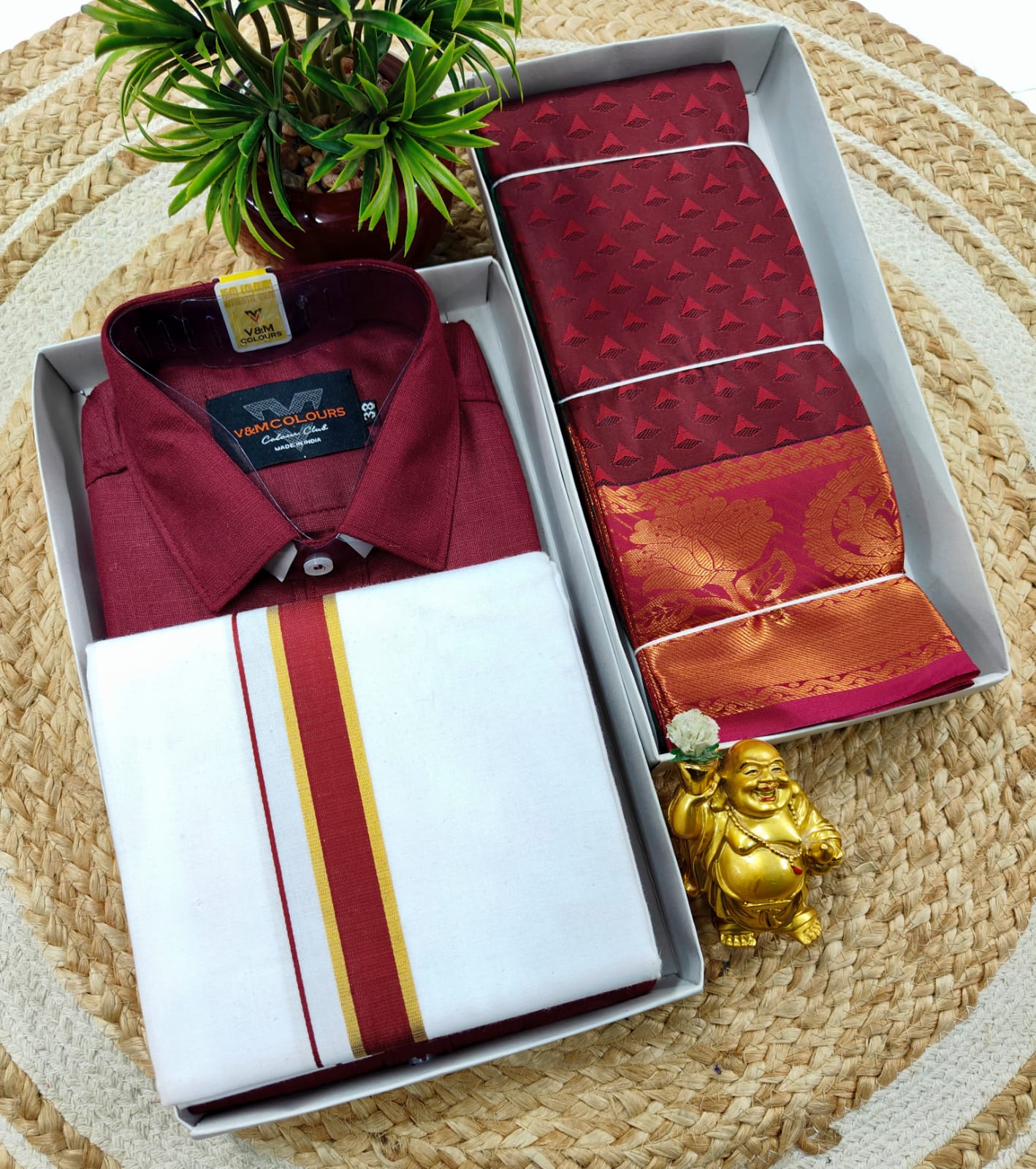 Semi Silk Embossed Saree and Cotton Dhoti Shirt for Couples