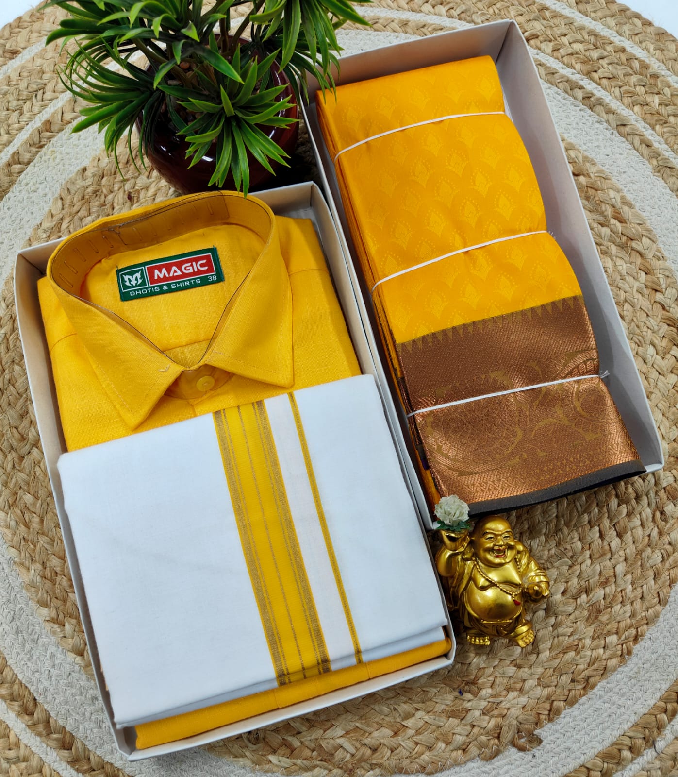 Semi Silk Embossed Saree and Cotton Dhoti Shirt for Couples