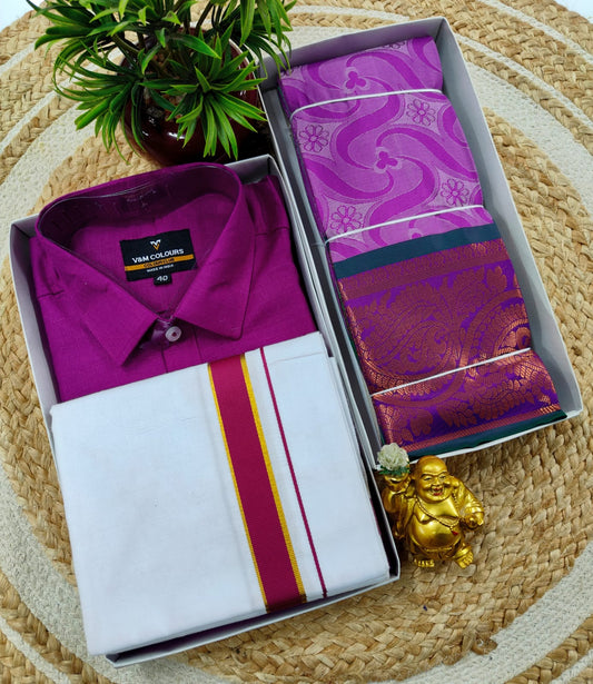 Semi Silk Embossed Saree and Cotton Dhoti Shirt for Couples