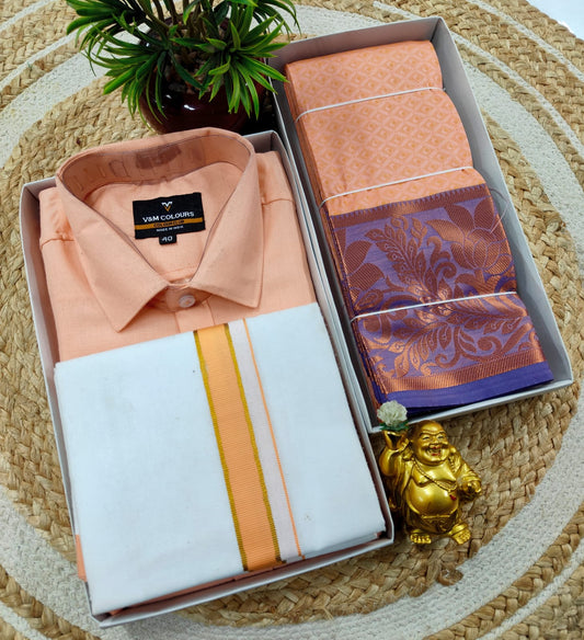 Semi Silk Embossed Saree and Cotton Dhoti Shirt for Couples