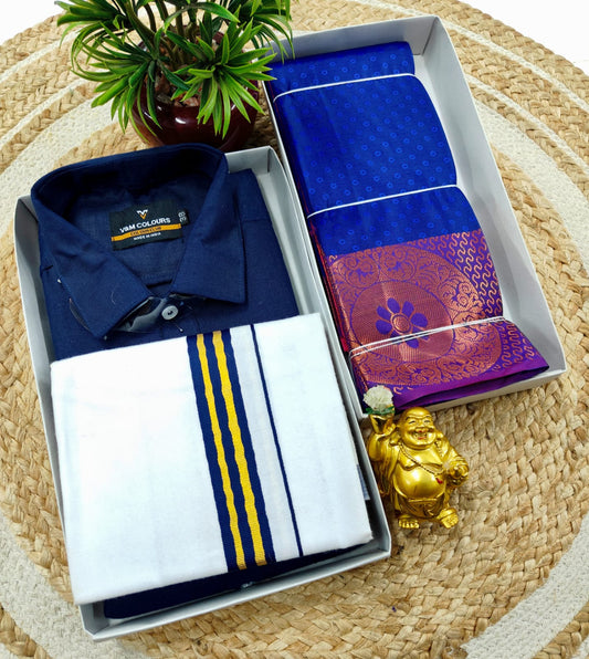 Semi Silk Embossed Saree and Cotton Dhoti Shirt for Couples