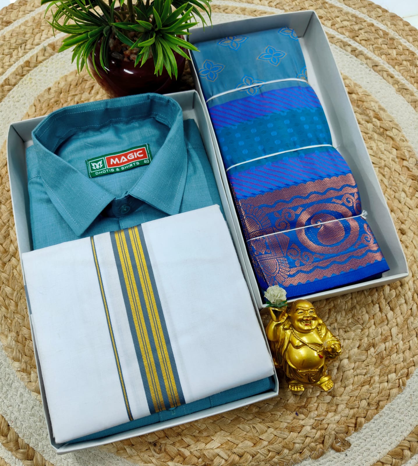 Semi Silk Embossed Saree and Cotton Dhoti Shirt for Couples