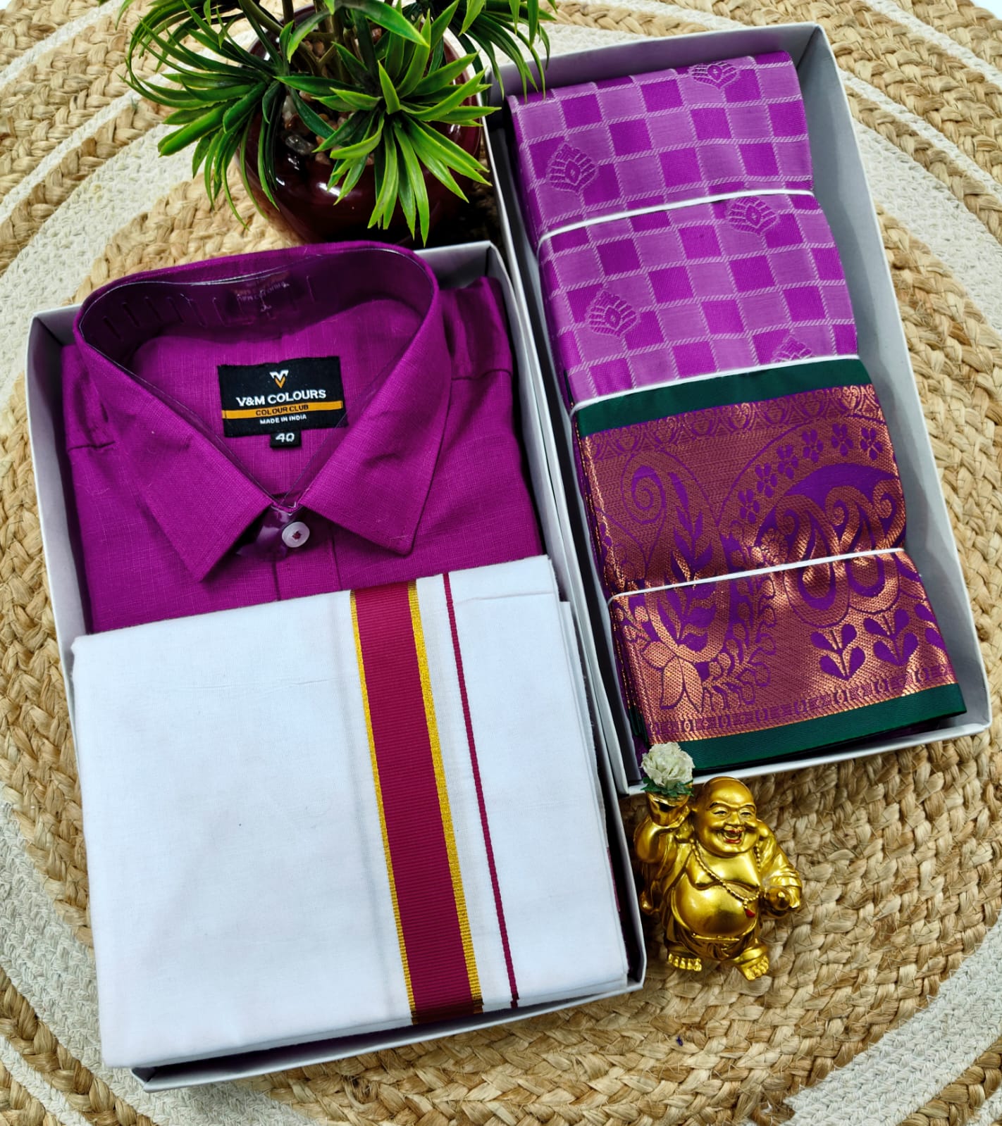Semi Silk Embossed Saree and Cotton Dhoti Shirt for Couples