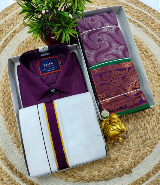Semi Silk Embossed Saree and Cotton Blend Dhoti Shirt for Couples