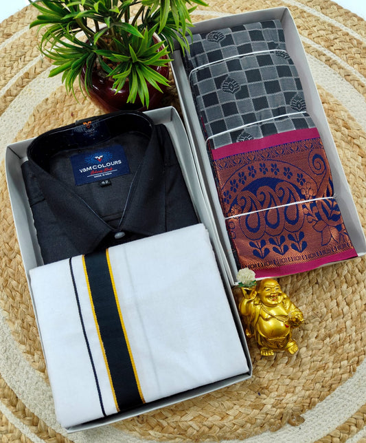 Semi Silk Embossed Saree and Cotton Dhoti Shirt for Couples